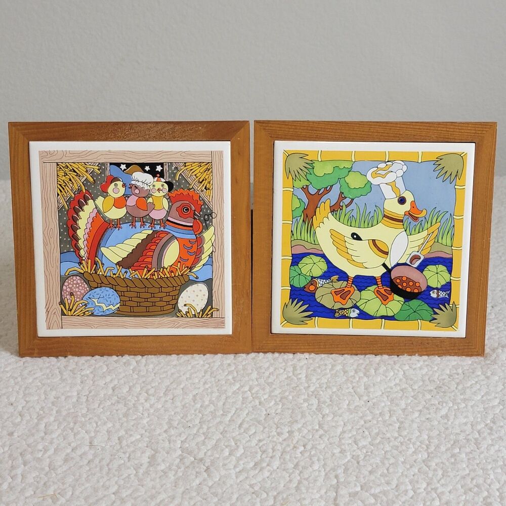 Lot of 2 Vtg Gailstyn Sutton Tile Trivet Whimsical Wall Hanging Fowl & Poultry